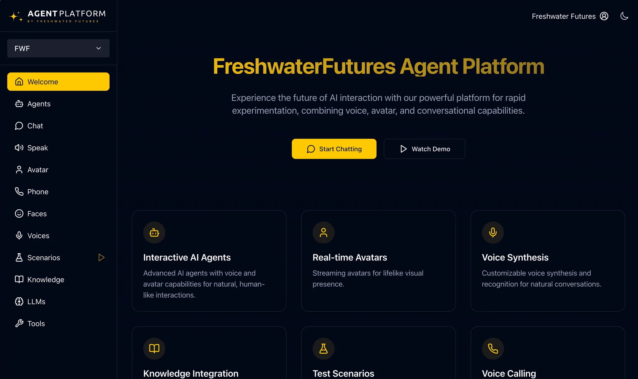 Freshwater Futures Agent Platform interface
